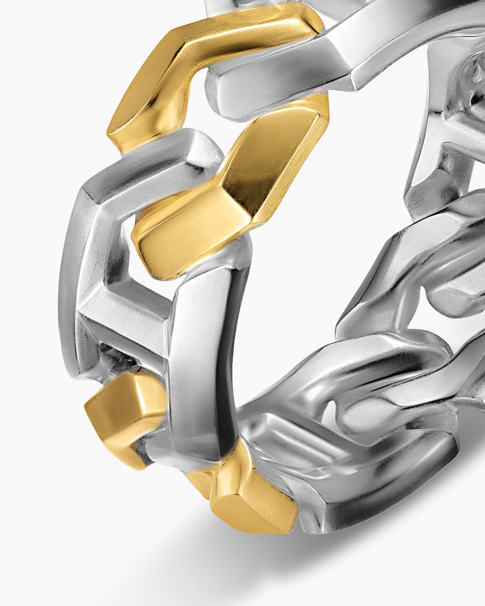 Mens Angular Curb Chain Band Ring in Sterling Silver with 14K Yellow Gold, 8.7mm