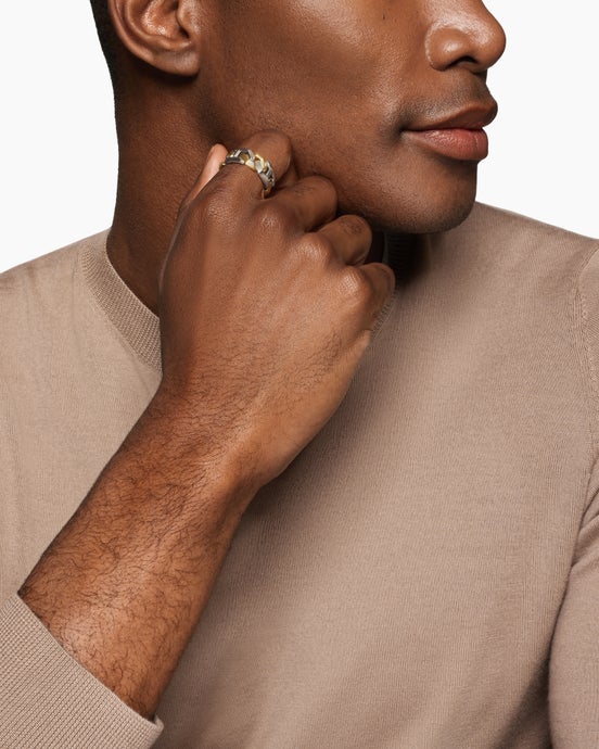 Angular Curb Chain Band Ring in Sterling Silver with 14K Yellow Gold, 8.7mm