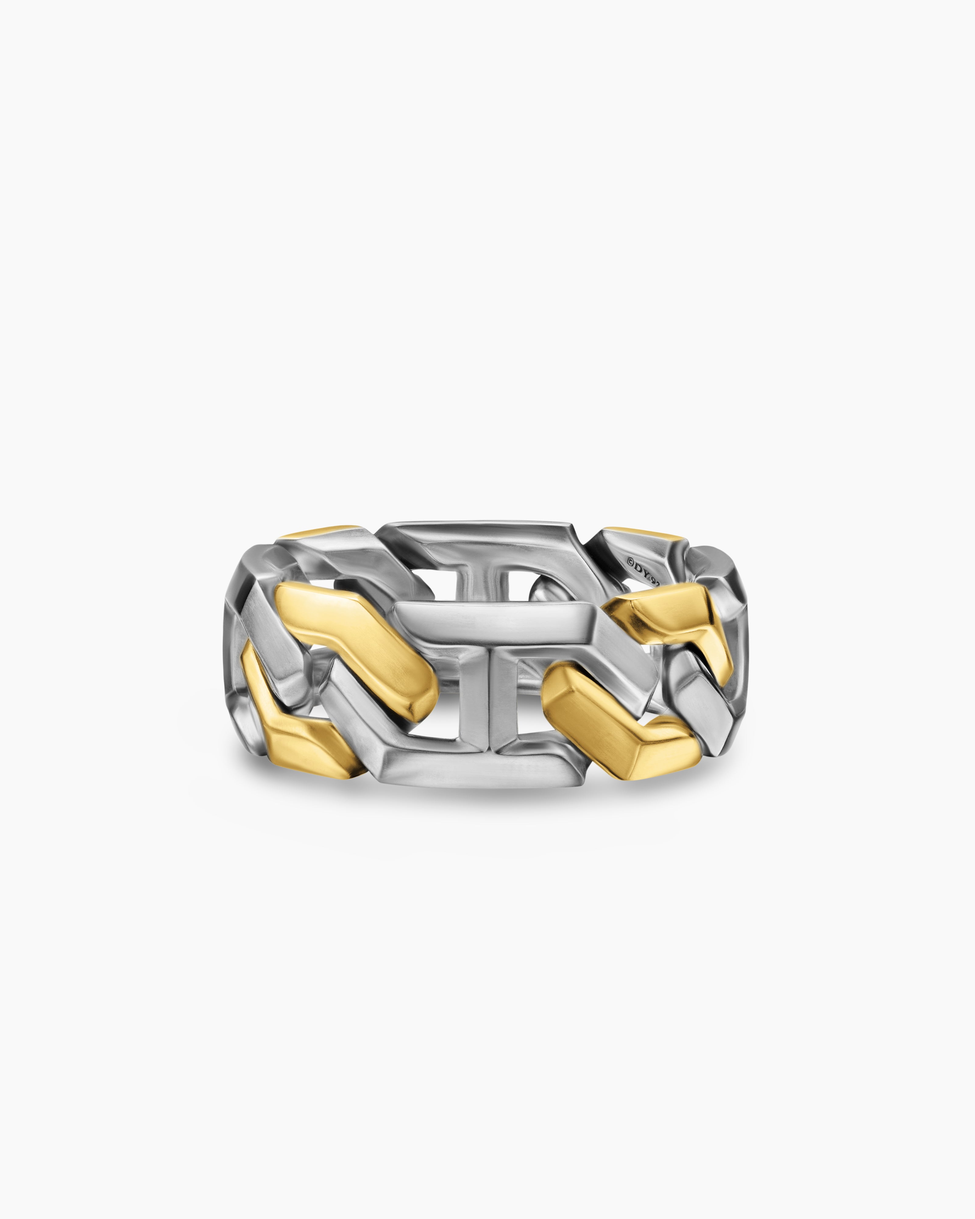 Mens Angular Curb Chain Band Ring in Sterling Silver with 14K Yellow Gold, 8.7mm