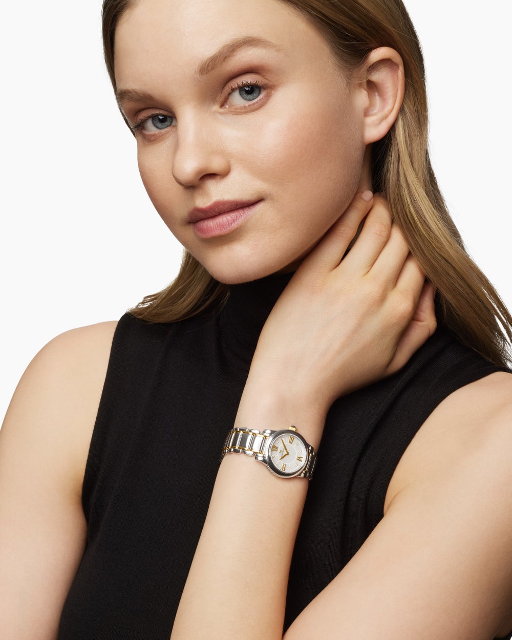 Montre à quartz classique en acier inoxydable avec or jaune 18 carats et diamants, 30 mm femme