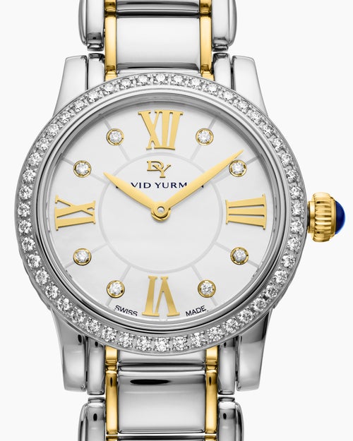 Womens Classic Quartz Watch in Stainless Steel with 18K Yellow Gold and Diamond Bezel, 30mm
