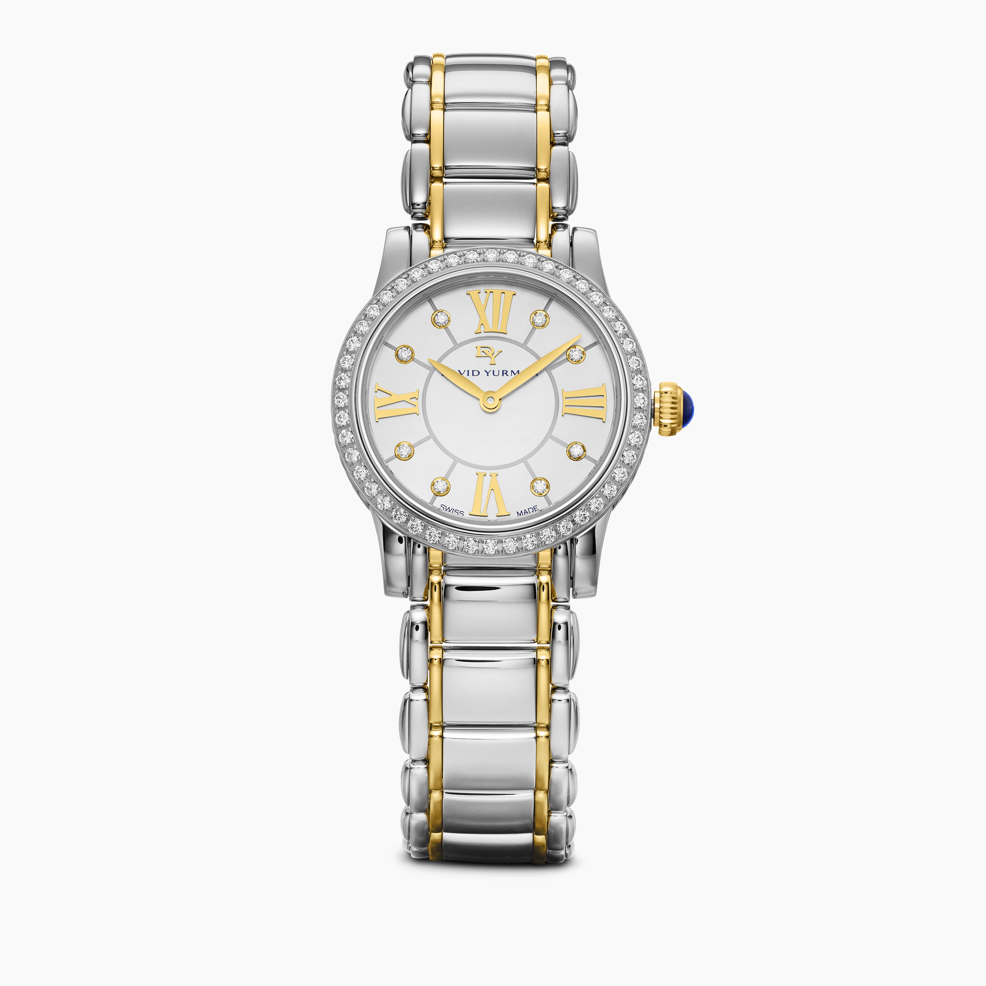 Womens Classic Quartz Watch in Stainless Steel with 18K Yellow Gold and Diamond Bezel, 30mm