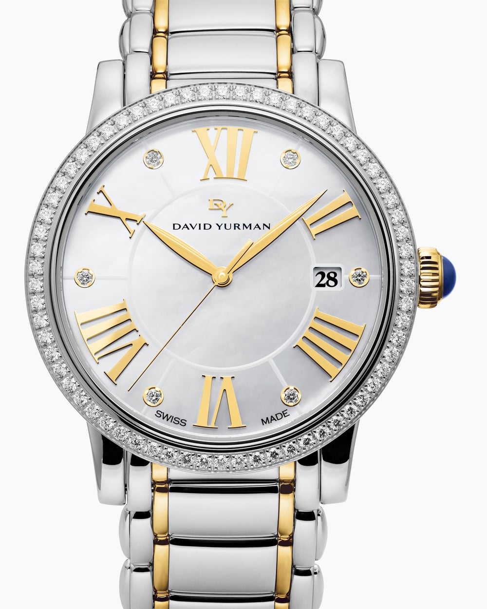 Montre à quartz classique en acier inoxydable avec or jaune 18 carats et chaton en diamant, 38 mm femme