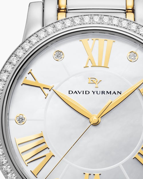 Womens Classic Quartz Watch in Stainless Steel with 18K Yellow Gold and Diamond Bezel, 38mm