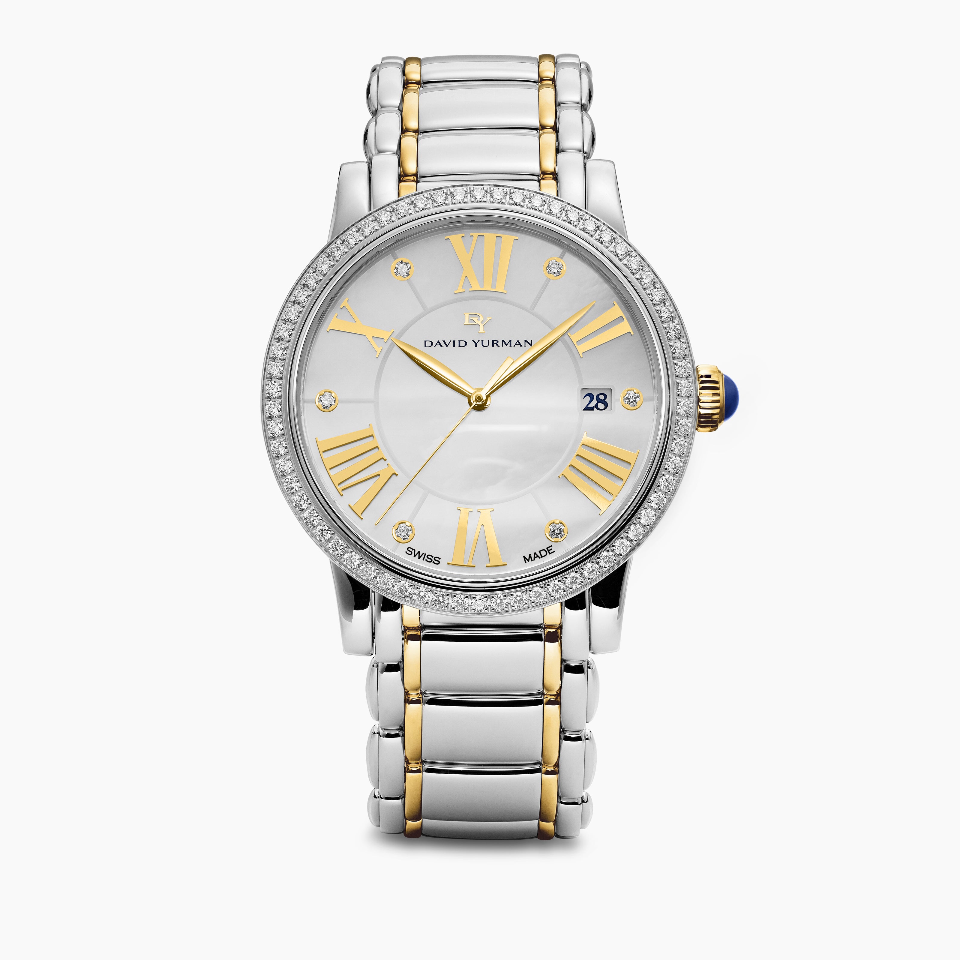 Womens Classic Quartz Watch in Stainless Steel with 18K Yellow Gold and Diamond Bezel, 38mm