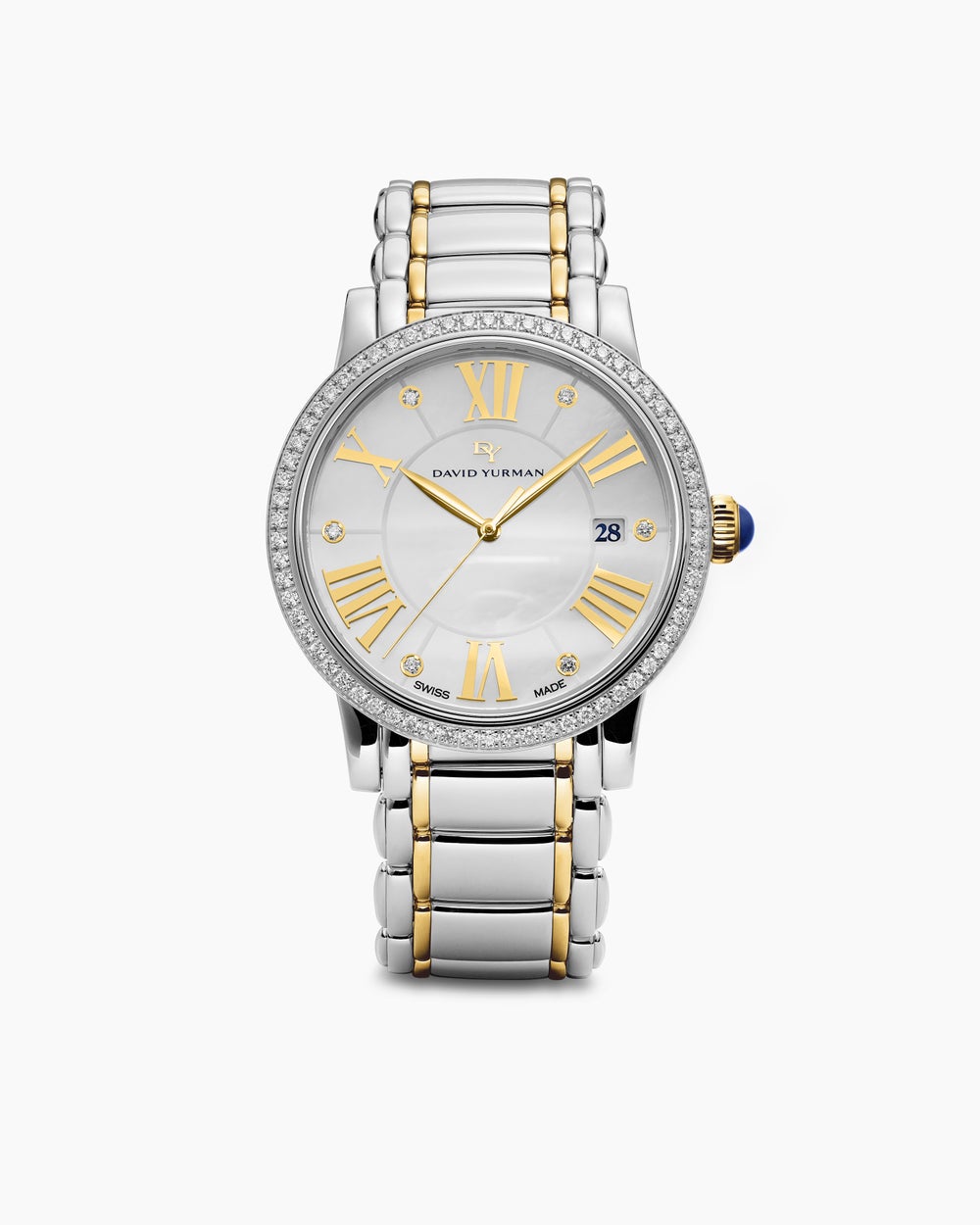 Montre à quartz classique en acier inoxydable avec or jaune 18 carats et chaton en diamant, 38 mm femme