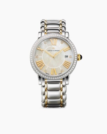 Classic Quartz Watch in Stainless Steel with 18K Yellow Gold and Diamond Bezel, 38mm