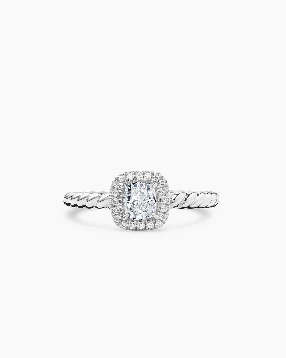 Womens DY Cable Petite Halo Engagement Ring in Platinum, Cushion