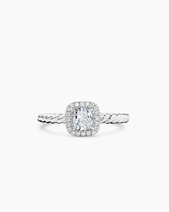 DY Cable Petite Halo Engagement Ring in Platinum, Cushion Cut