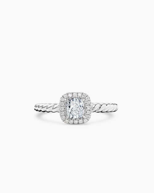 Womens DY Cable Petite Halo Engagement Ring in Platinum, Cushion