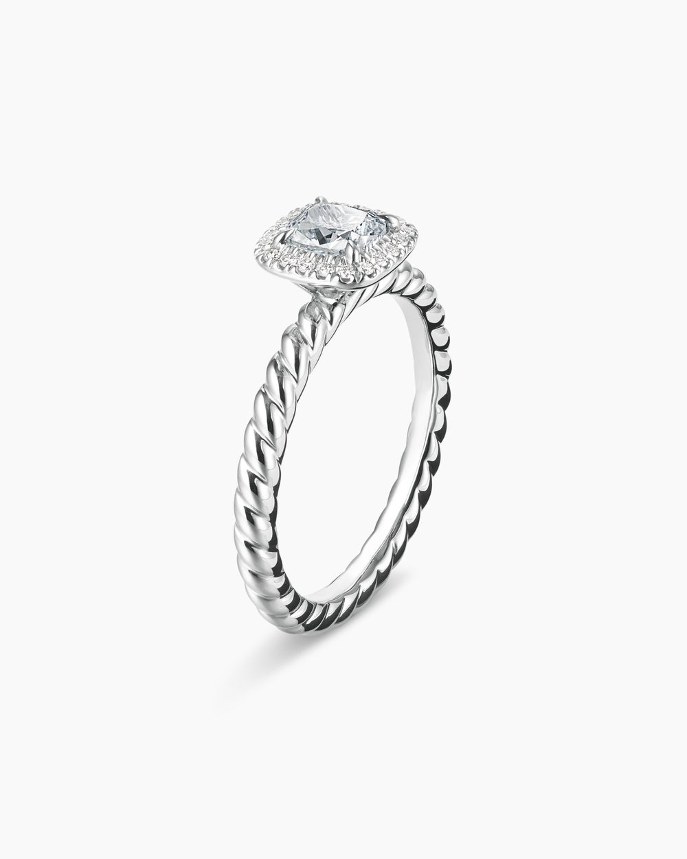 Womens DY Cable Petite Halo Engagement Ring in Platinum, Cushion