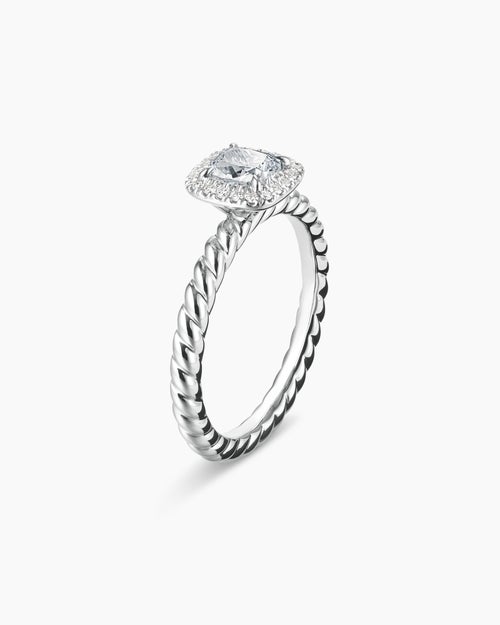 Womens DY Cable Petite Halo Engagement Ring in Platinum, Cushion