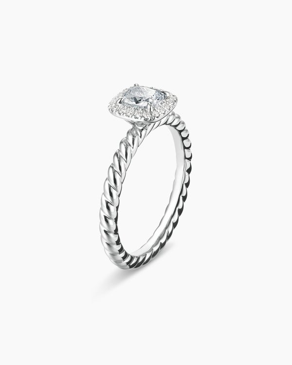 Bague de fiançailles avec halo DY Cable de petite taille en platine, taille coussin