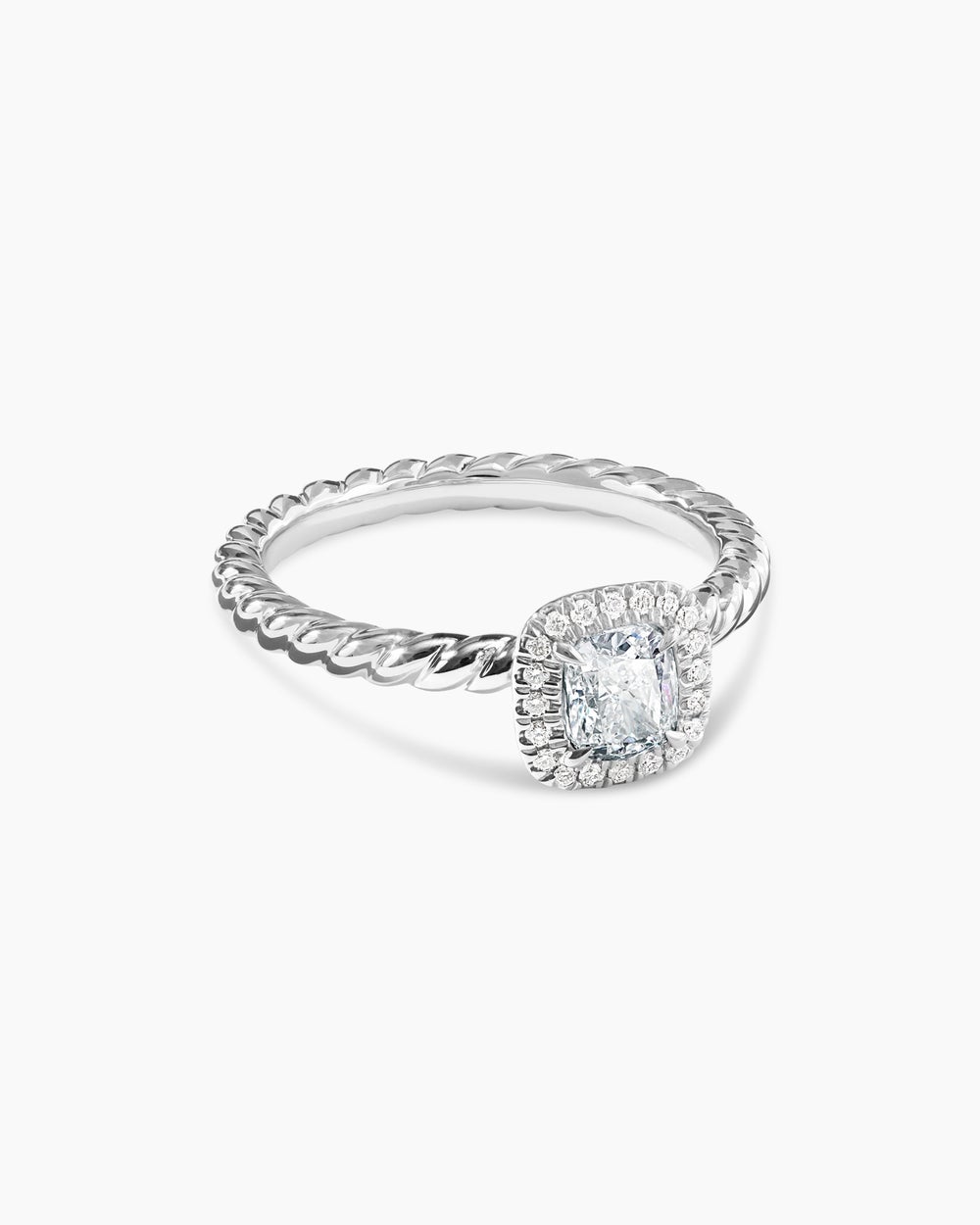 Womens DY Cable Petite Halo Engagement Ring in Platinum, Cushion