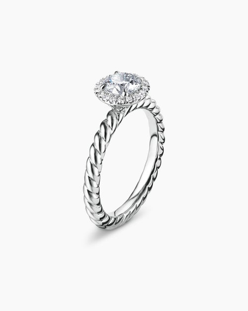 Womens DY Cable Petite Halo Engagement Ring in Platinum, Round