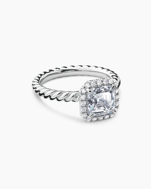 Womens DY Cable Halo Engagement Ring in Platinum, Asscher