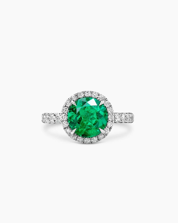 DY Eden Pavé Halo Engagement Ring in Platinum with Green Emerald, Round