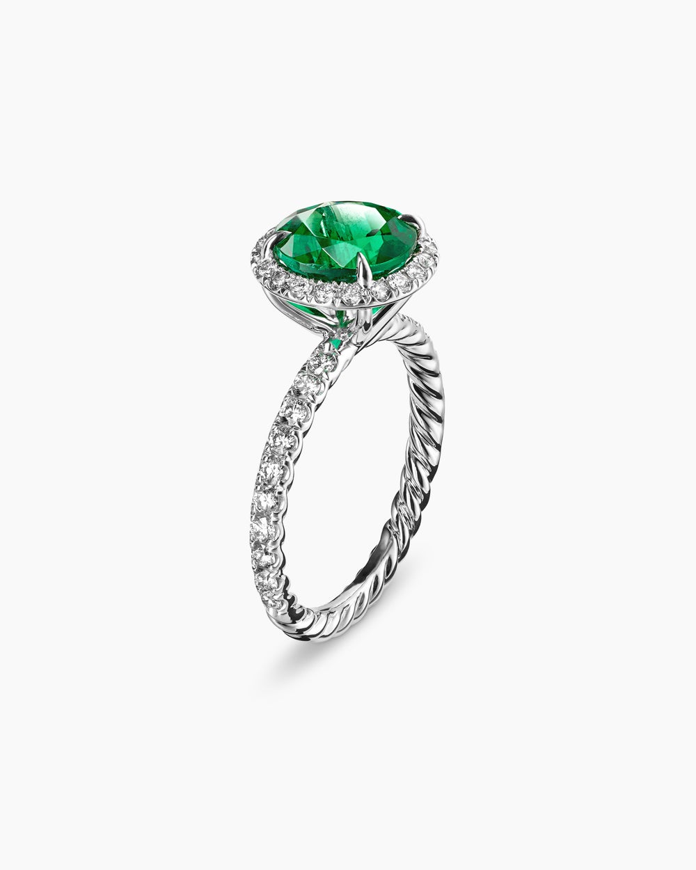 Womens DY Eden Pavé Halo Engagement Ring in Platinum with Green Emerald, Round