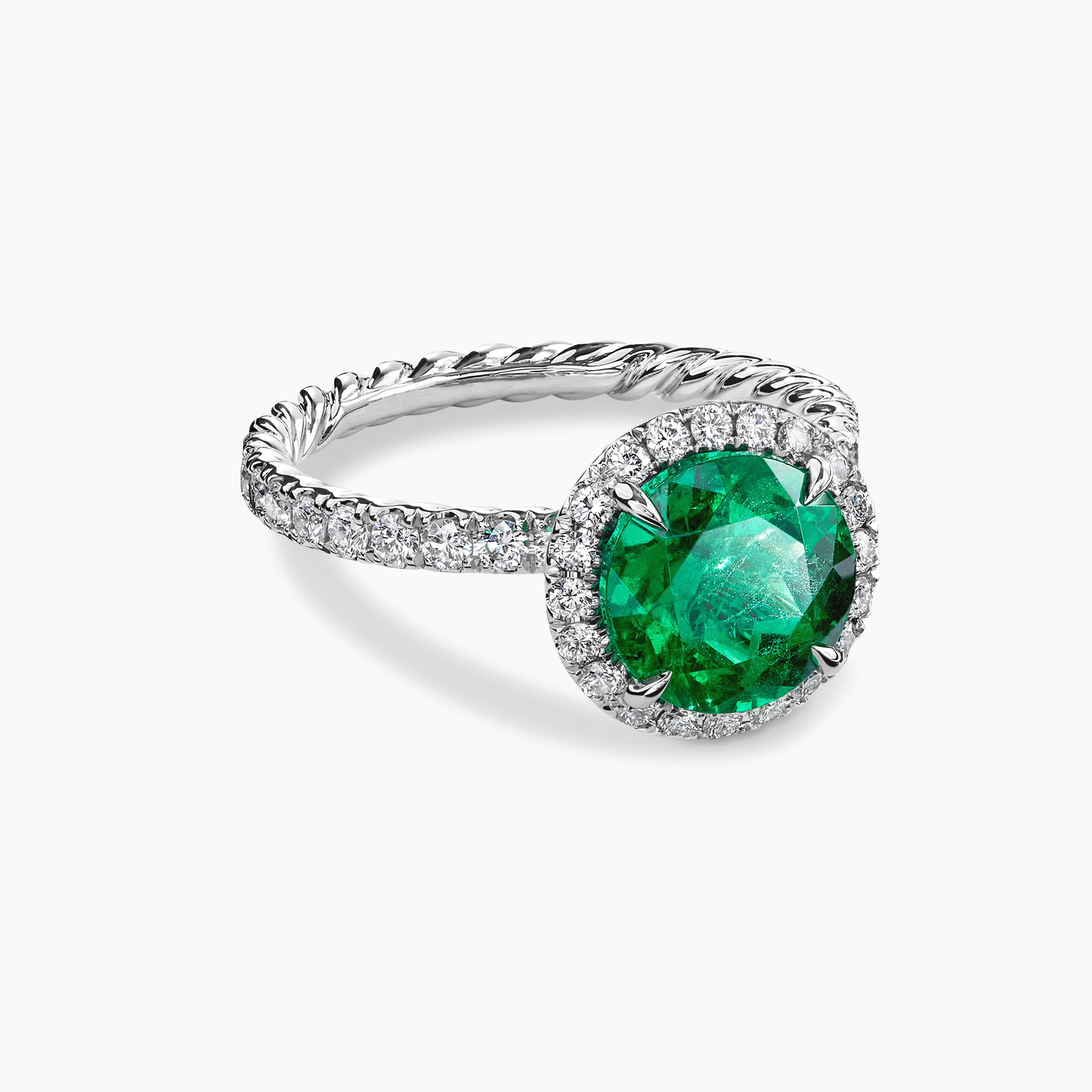 Womens DY Eden Pav&eacute; Halo Engagement Ring in Platinum with Green Emerald, Round