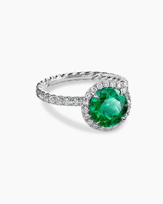 DY Eden Pavé Halo Engagement Ring in Platinum with Green Emerald, Round Brilliant Cut