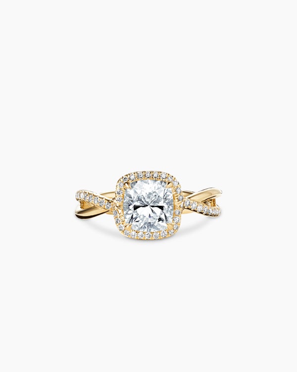 DY Infinity Half Pavé Halo Engagement Ring in 18K Yellow Gold, Cushion