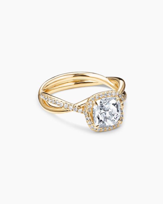 DY Infinity Half Pavé Halo Engagement Ring in 18K Yellow Gold, Cushion Cut