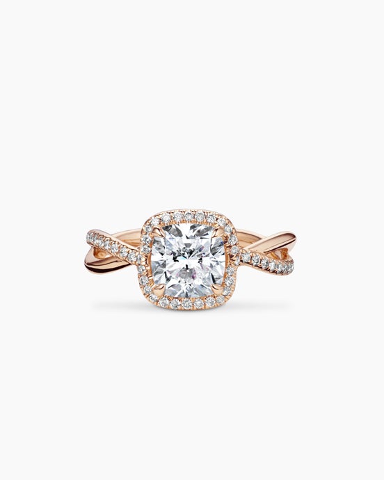 DY Infinity Half Pavé Halo Engagement Ring in 18K Rose Gold, Cushion Cut