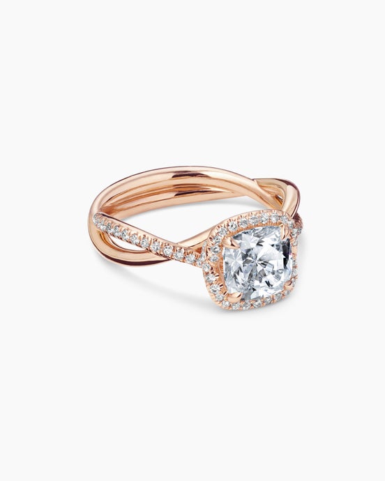 DY Infinity Half Pavé Halo Engagement Ring in 18K Rose Gold, Cushion Cut