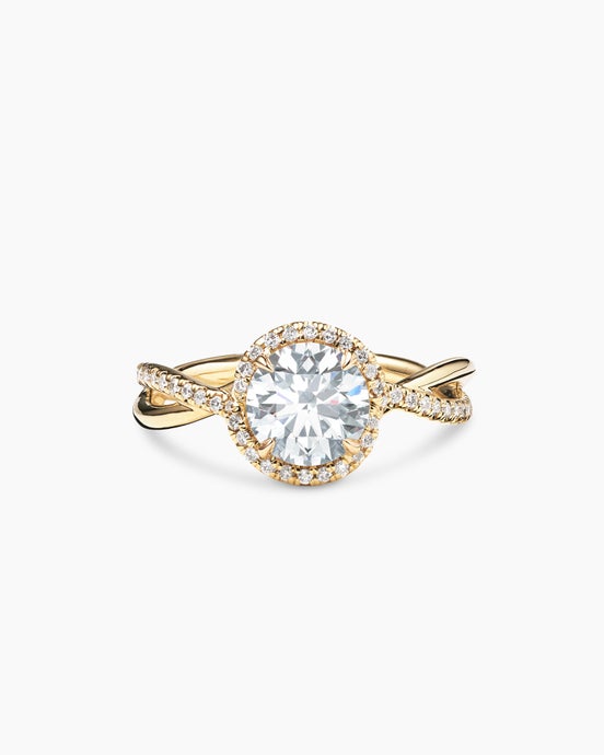 DY Infinity Half Pavé Halo Engagement Ring in 18K Yellow Gold, Round Brilliant Cut