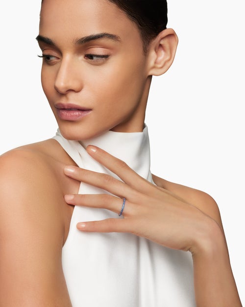 Womens DY Eden Band Ring in Platinum with Pavé Blue Sapphires, 1.85mm