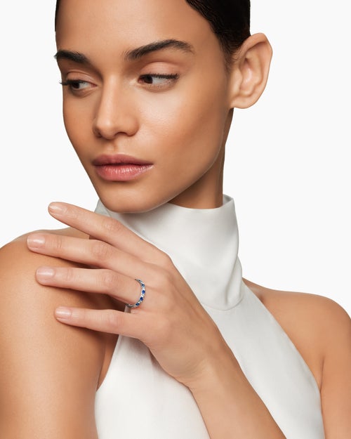 Womens DY Eden Partway Band Ring in Platinum with Blue Sapphires and Diamonds, 2.8mm