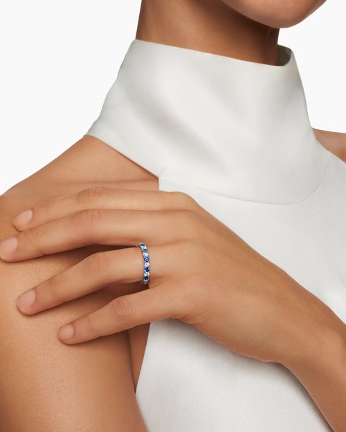 Womens DY Eden Partway Band Ring in Platinum with Blue Sapphires and Diamonds, 2.8mm