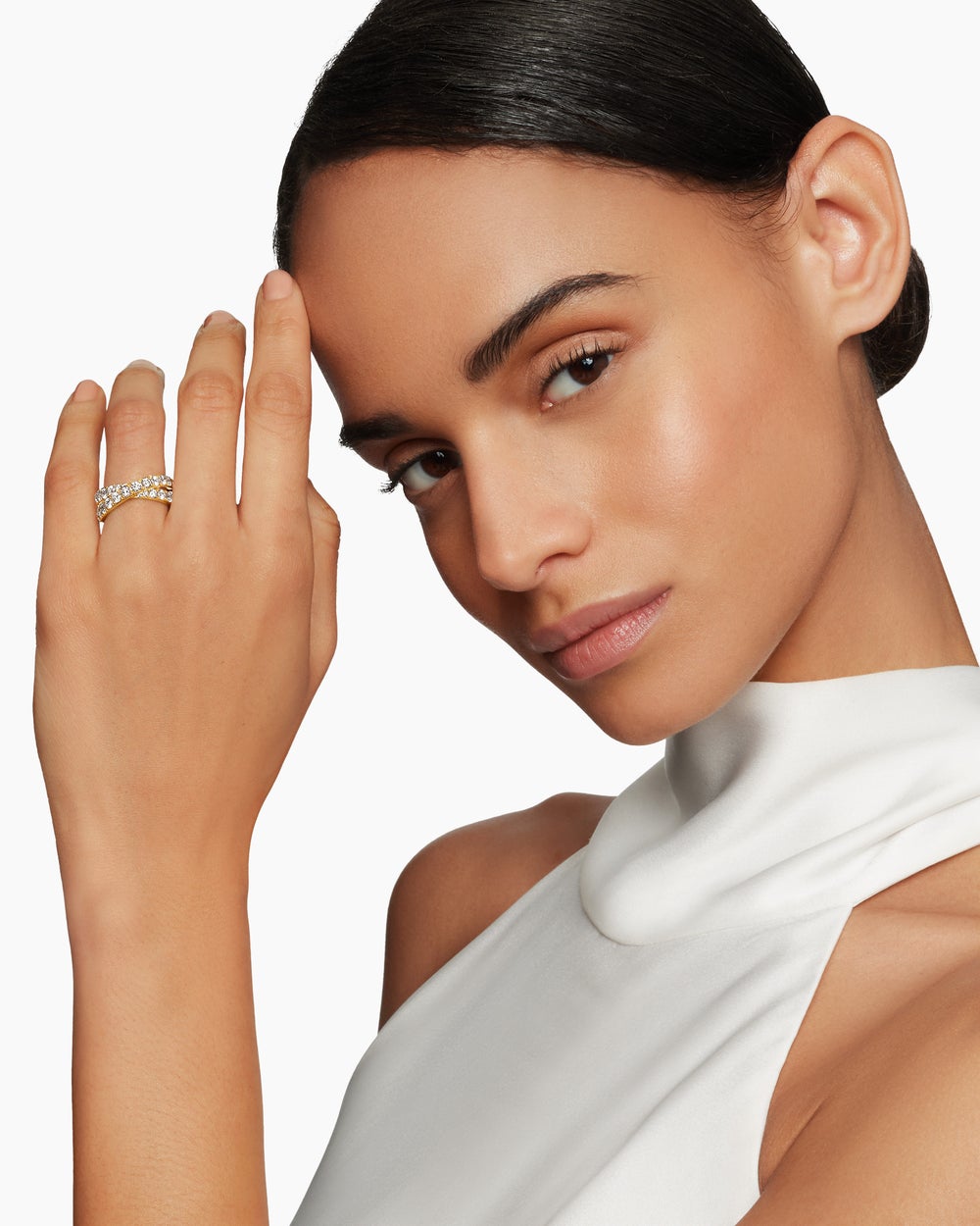 Womens DY Crossover Band Ring in 18K Yellow Gold with Diamonds, 8mm