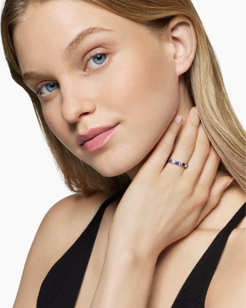 Womens DY Eden Partway Band Ring in Platinum with Blue Sapphires and Diamonds, 3.4mm