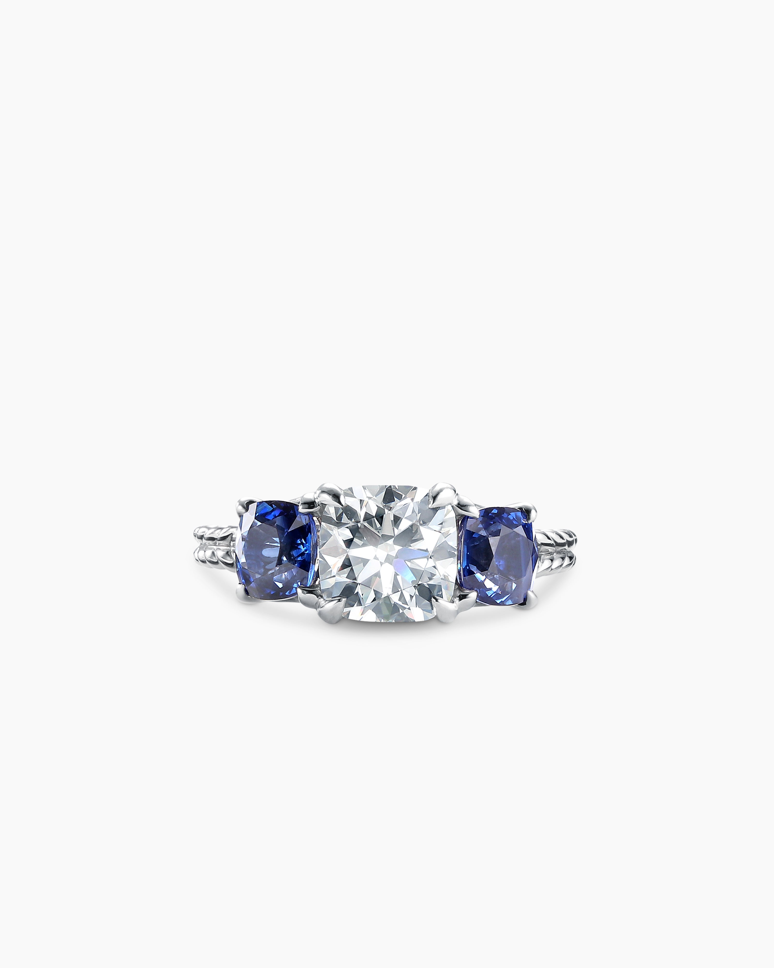 DY Three Stone Engagement Ring in Platinum with Blue Sapphires, Cushion