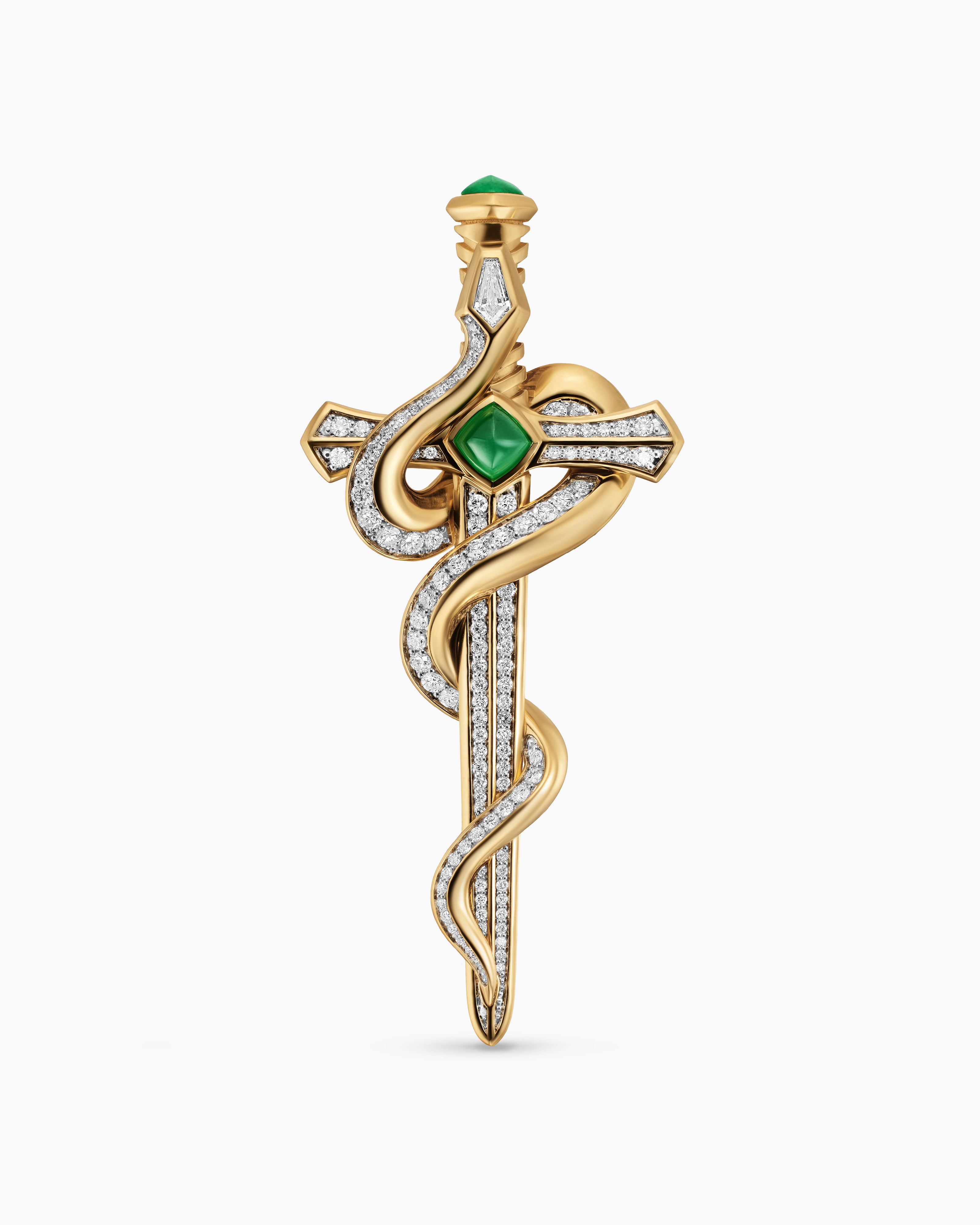 Mens Ouroboros Brooch in 18K Yellow Gold with Emeralds and Diamonds, 78mm