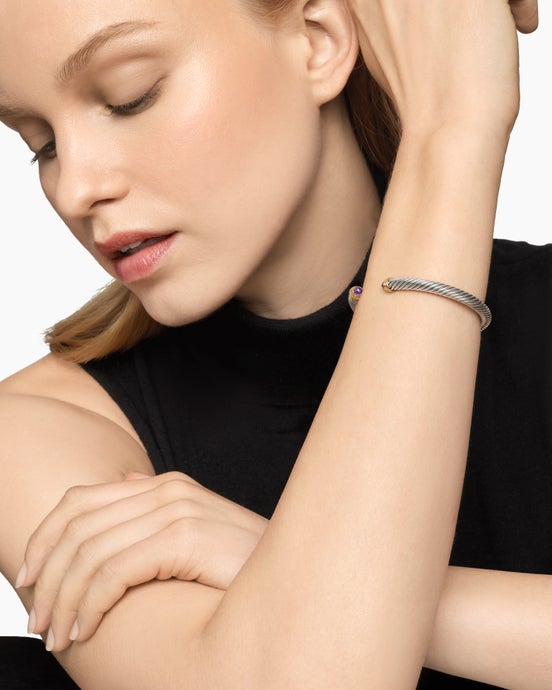 Classic Cable Bracelet in Sterling Silver with 14K Yellow Gold and Amethyst, 5mm