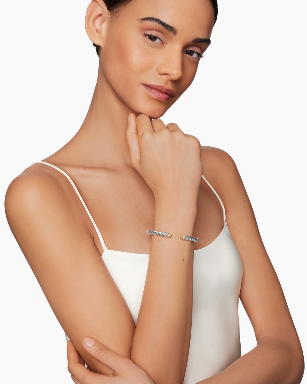 Womens Classic Cable Bracelet in Sterling Silver with 18K Yellow Gold and Diamonds, 5mm