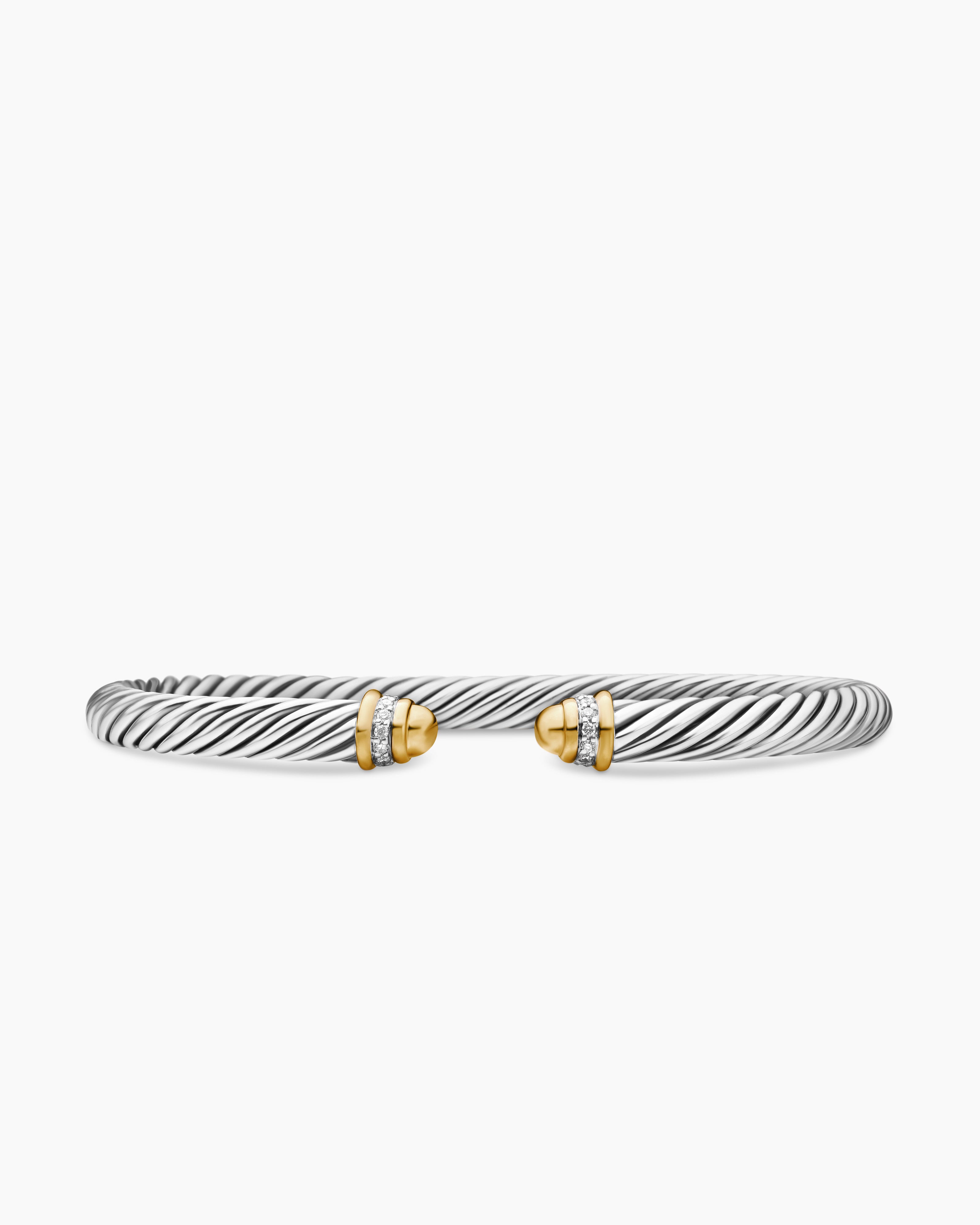 Womens Classic Cable Bracelet in Sterling Silver with 18K Yellow Gold and Diamonds, 5mm