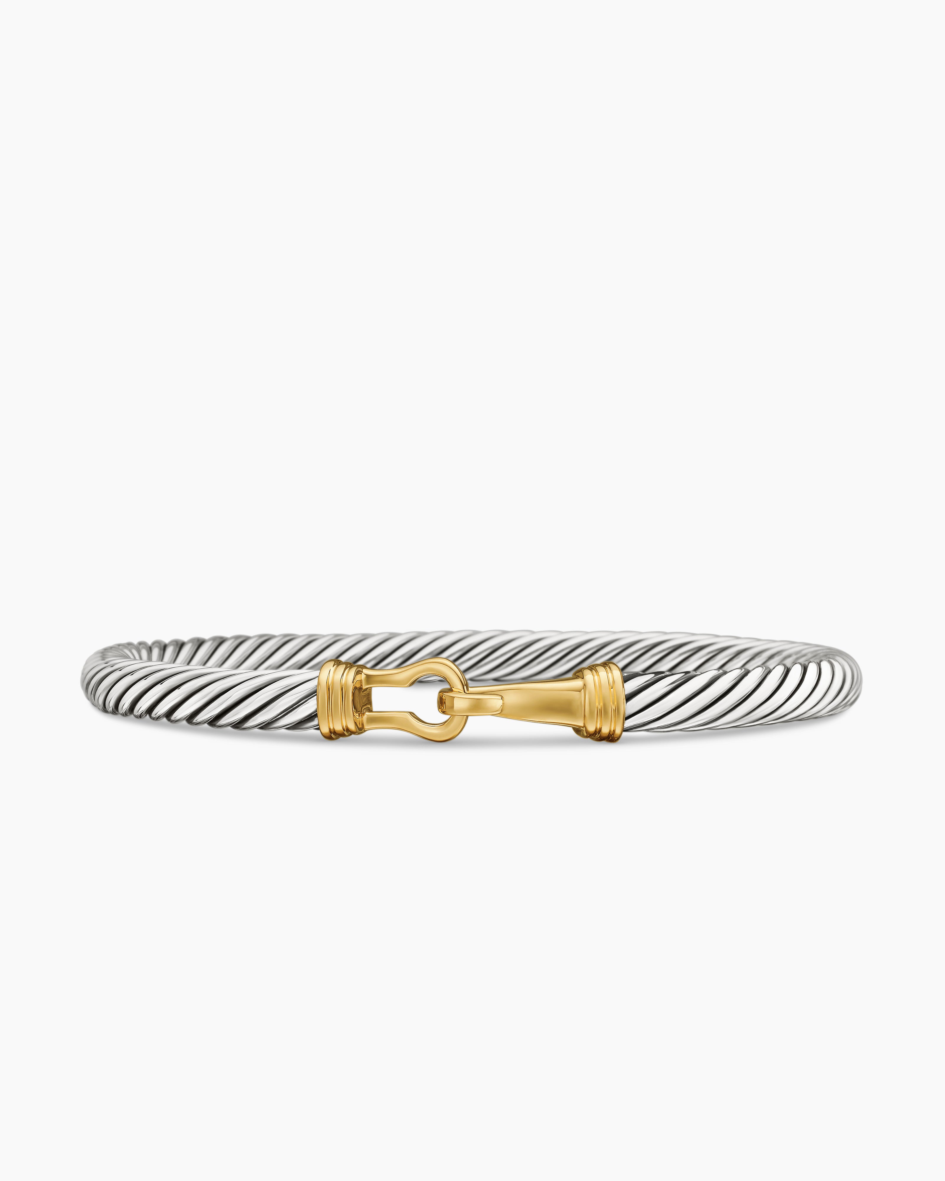 Womens Buckle Classic Cable Bracelet in Sterling Silver with 14K Yellow Gold, 5mm