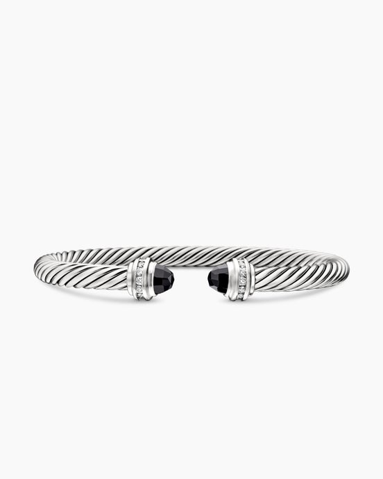 Classic Cable Bracelet in Sterling Silver with Black Onyx and Diamonds, 5mm