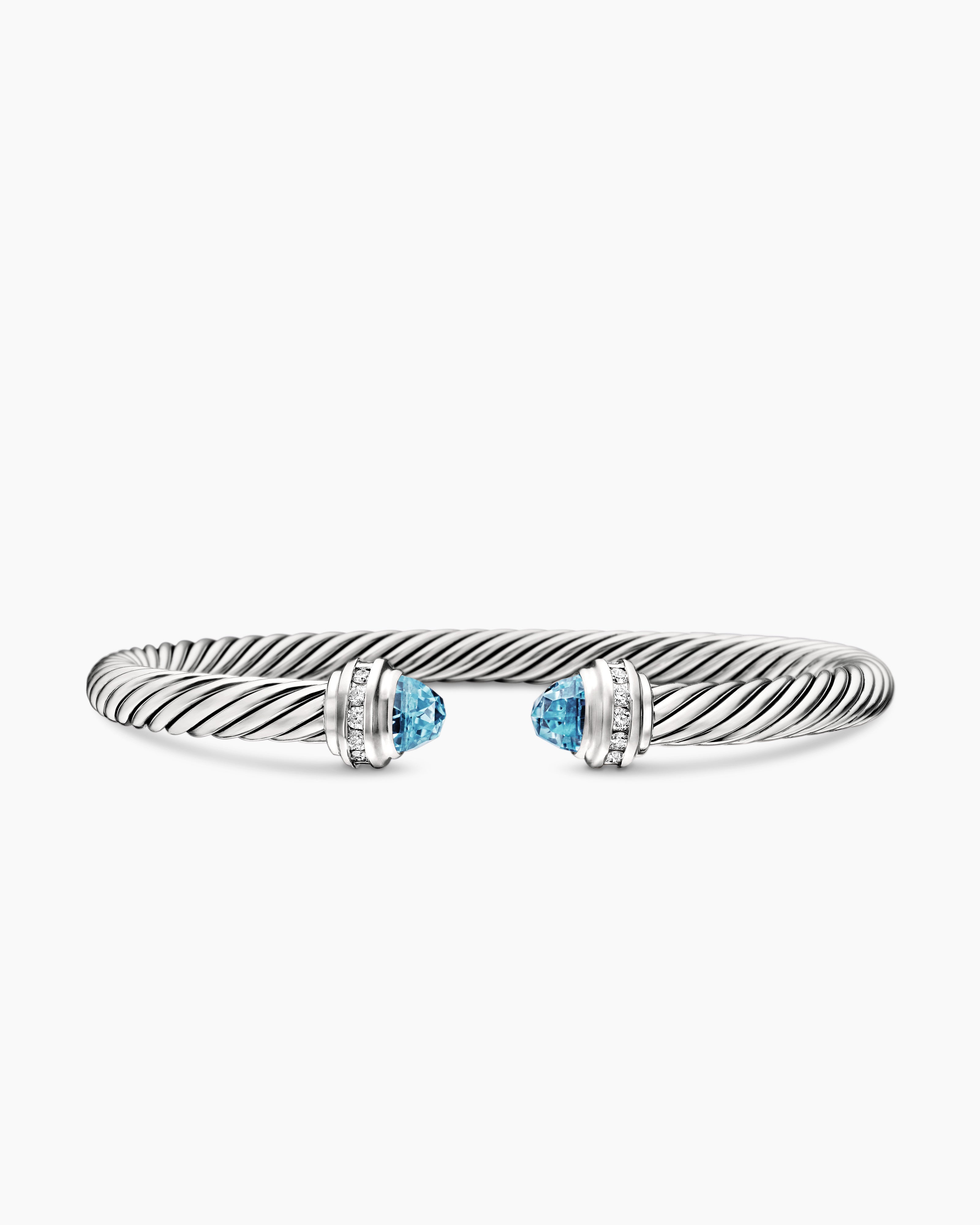 Womens Classic Cable Bracelet in Sterling Silver with Blue Topaz and Diamonds, 5mm