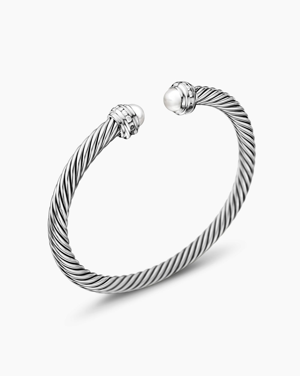 Womens Classic Cable Bracelet in Sterling Silver with Pearls and Diamonds, 5mm