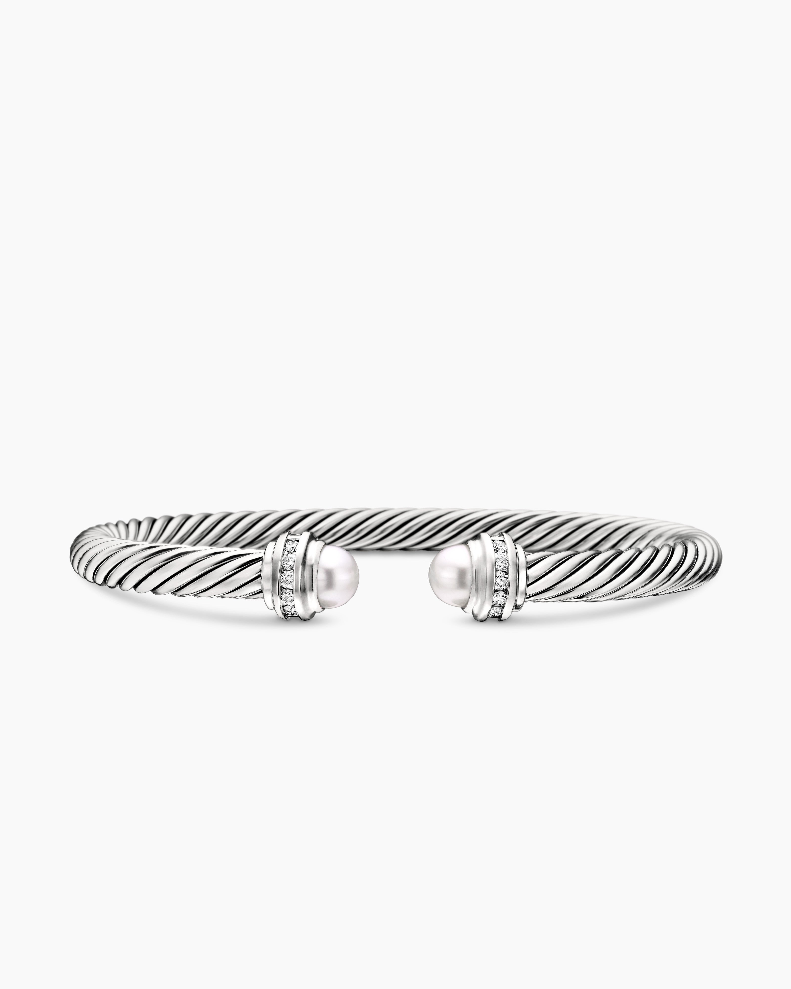 Womens Classic Cable Bracelet in Sterling Silver with Pearls and Diamonds, 5mm