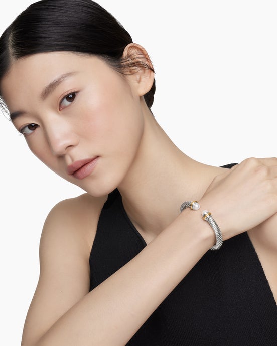 Classic Cable Bracelet in Sterling Silver with 14K Yellow Gold and Pearls, 7mm