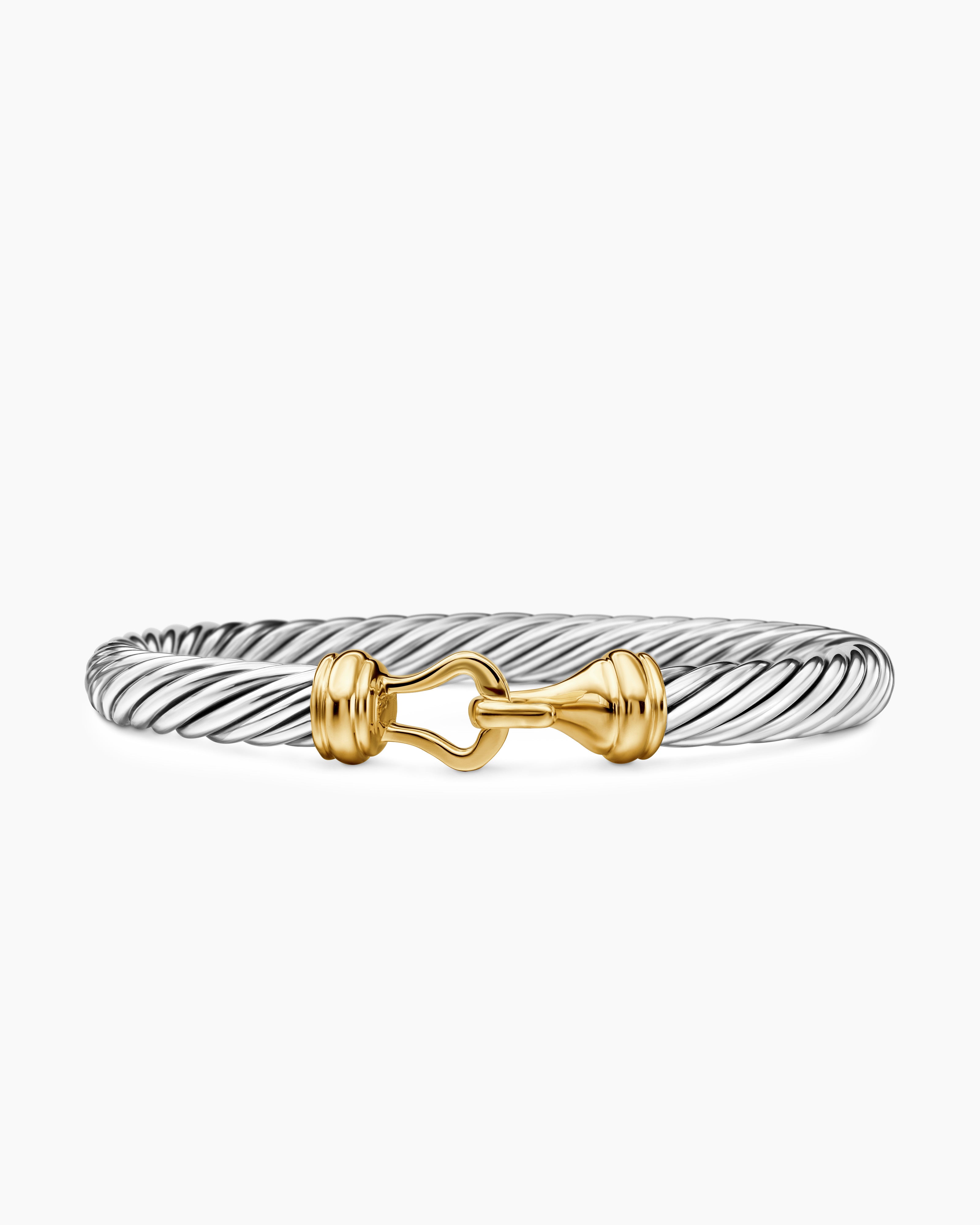 Womens Buckle Classic Cable Bracelet in Sterling Silver with 14K Yellow Gold, 7mm