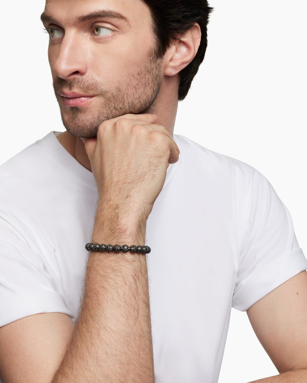 Mens Spiritual Beads Bracelet in Sterling Silver with Pavé, 8mm