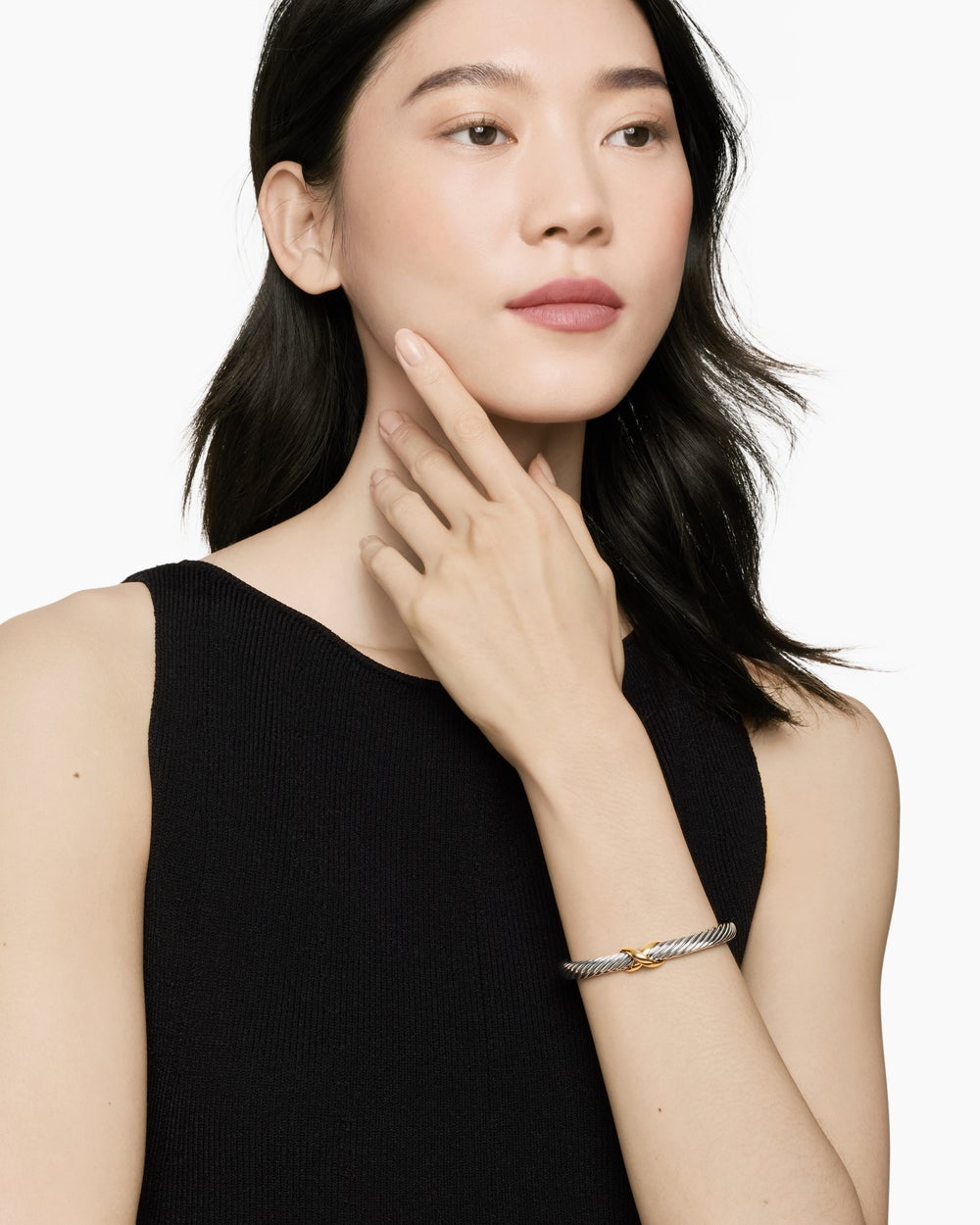 Womens X Classic Cable Station Bracelet in Sterling Silver with 14K Yellow Gold, 7mm