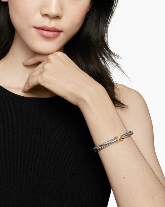 X Classic Cable Station Bracelet in Sterling Silver with 14K Yellow Gold, 7mm