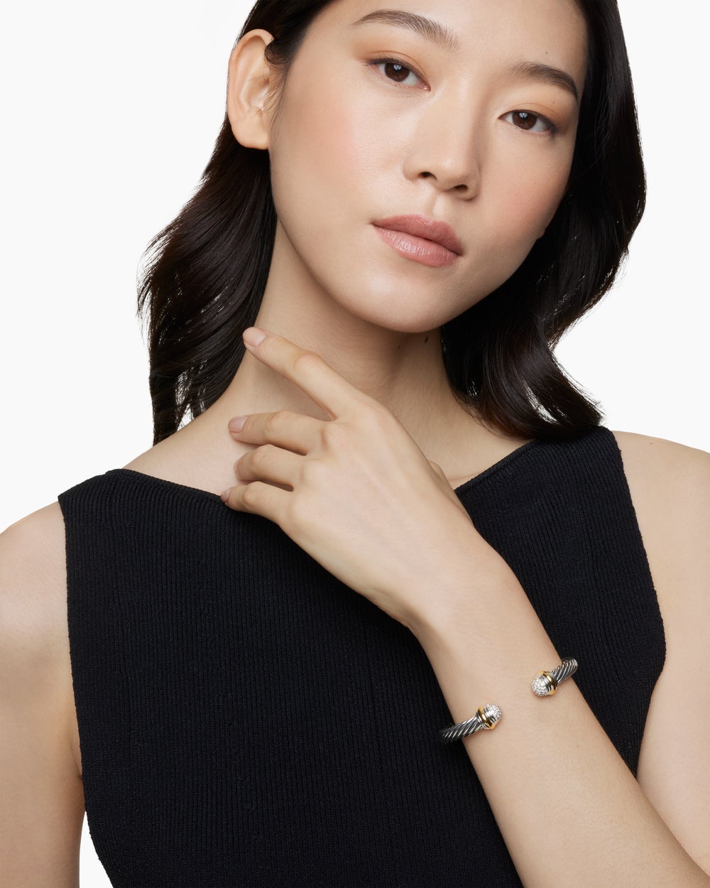 Womens Classic Cable Bracelet in Sterling Silver with 18K Yellow Gold and Pavé Domes, 7mm